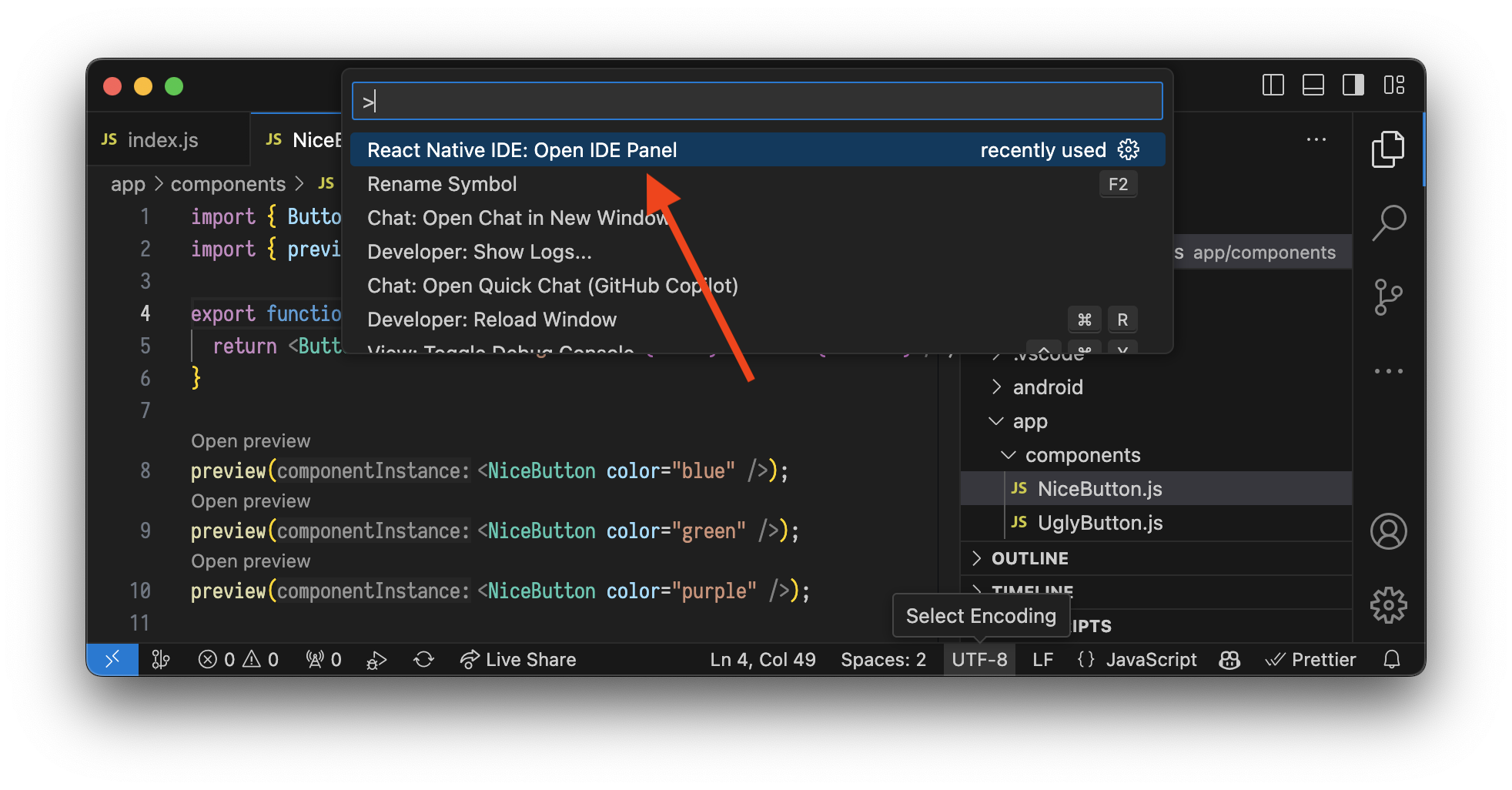 How to open Radon IDE Panel from the command palette